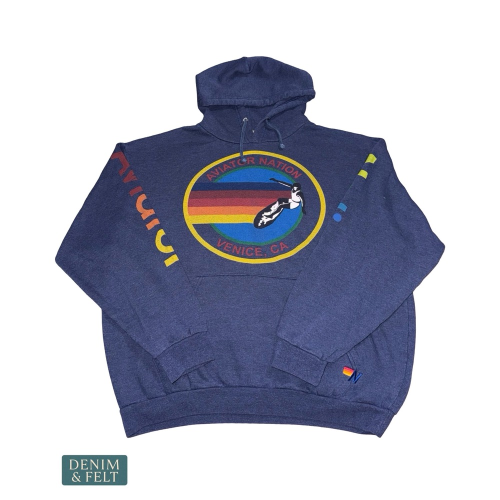 Aviator Nation Venice CA Surfer Pullover Hoodie Rainbow Graphic Navy Blue Medium - Picture 2 of 8